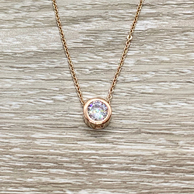 You Are Strong Jewelry Gift, Tiny Round Crystal Necklace, Rose Gold Solitaire Pendant, Strength Jewelry, Gift for Friend, Affirmation Gift