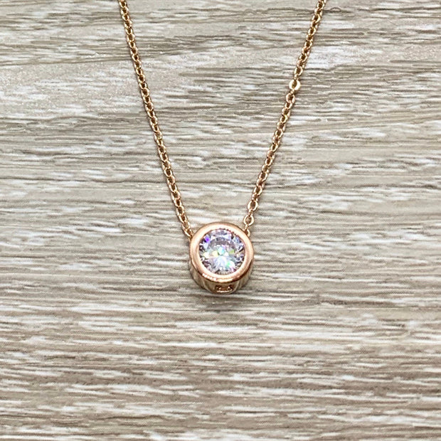 Bonus Daughter Gift, Tiny Round Crystal Necklace, Rose Gold Solitaire Pendant, Unbiological Daughter Gift, Gift for Stepdaughter, Birthday