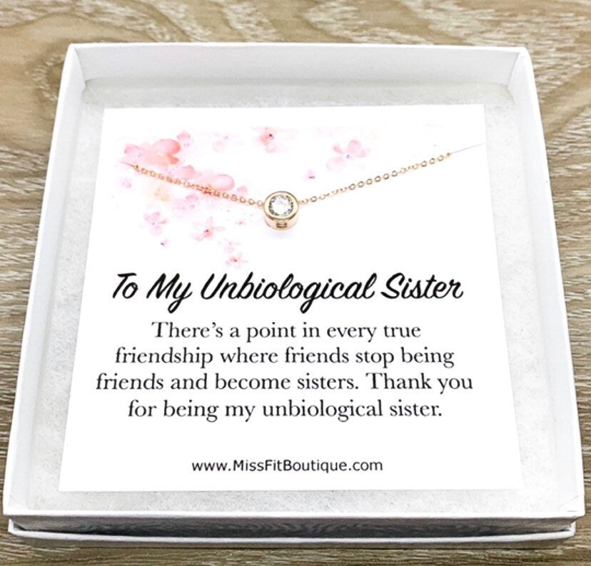 Unbiological Sister Jewelry, Friendship Gift, Tiny Round Crystal Necklace, Rose Gold Solitaire Pendant, Bonus Sister Gift, Gift for Friend