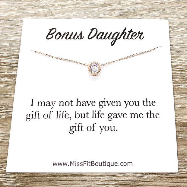 Bonus Daughter Gift, Tiny Round Crystal Necklace, Rose Gold Solitaire Pendant, Unbiological Daughter Gift, Gift for Stepdaughter, Birthday