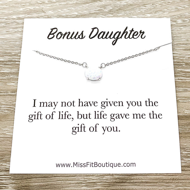 Bonus Daughter Gift, Oval Opalite Necklace, Birthstone Pendant, Unbiological Daughter Gift, Gift for Stepdaughter, Birthday Gift for Her