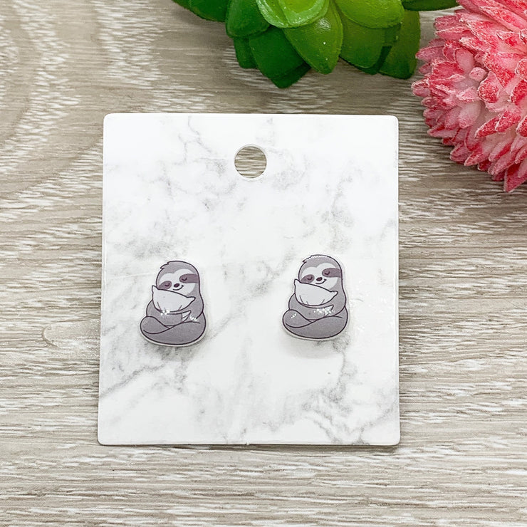 Sloth Earrings, Tiny Shrink Plastic Stud Earrings, Animal Lover Jewelry, Cute Earrings, Unique Jewelry, Gift for Daughter, Sister Gift