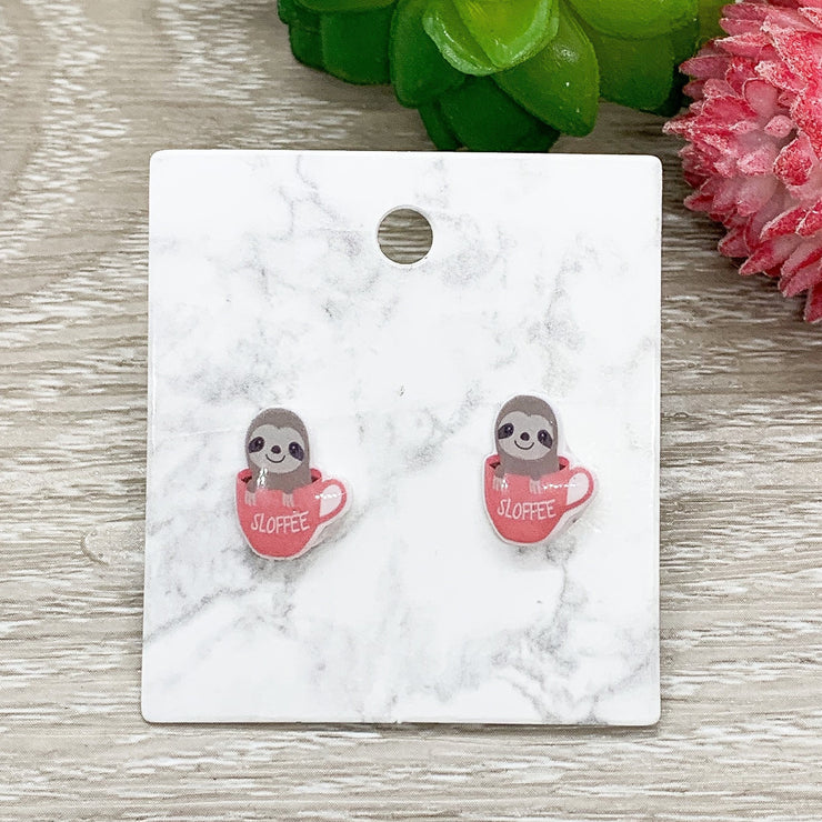 Sloth Stud Earrings, Sloffee, Sloth Coffee Cup, Shrink Plastic Stud Earrings, Animal Lover Jewelry, Cute Earrings, Unique Studs, Birthday