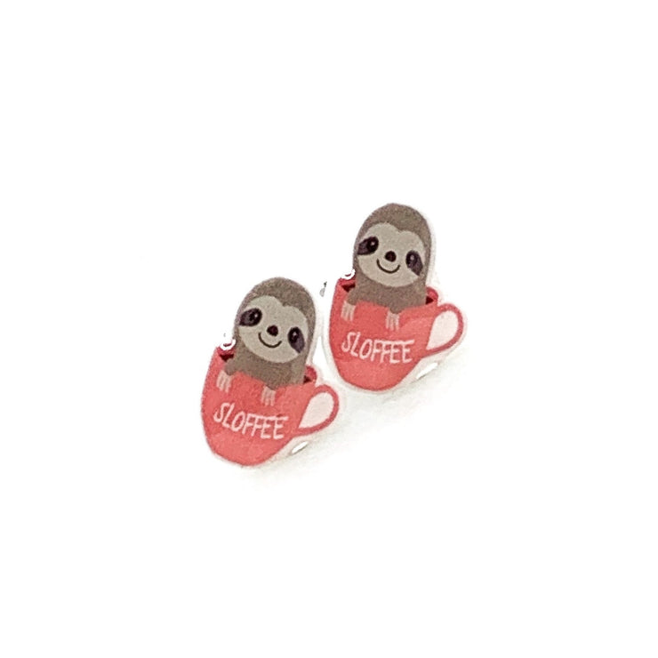 Sloth Stud Earrings, Sloffee, Sloth Coffee Cup, Shrink Plastic Stud Earrings, Animal Lover Jewelry, Cute Earrings, Unique Studs, Birthday