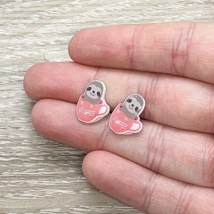 Sloth Stud Earrings, Sloffee, Sloth Coffee Cup, Shrink Plastic Stud Earrings, Animal Lover Jewelry, Cute Earrings, Unique Studs, Birthday