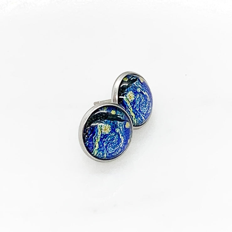 Van Gogh Starry Night Earrings, Tiny Round Painting Stud Earrings, Fine Art Lover Jewelry, Cute Artist Earrings, Unique Jewelry, Birthday