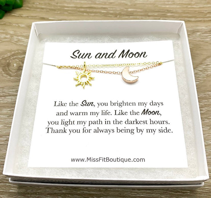 Sun and Moon Necklace Set for 2, Friendship Necklaces, Dainty Celestial Jewelry, Crescent Moon Pendant, Grad Gift for Best Friend