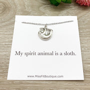 Spirit Animal, Hanging Sloth Necklace, Dainty Silver Sloth Pendant, Animal Lover Jewelry, Cute Necklace, Uplifting Gift, Custom Message Card