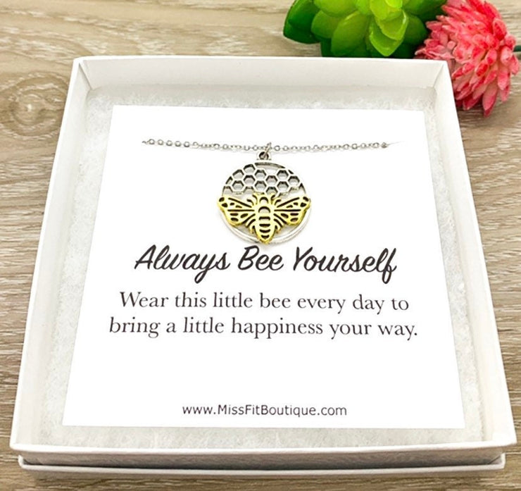 Always Bee Yourself, Bee with Honeycomb Necklace, Bee Pendant Gold Silver, Affirmation Gift, Statement Necklace, Modern Jewelry