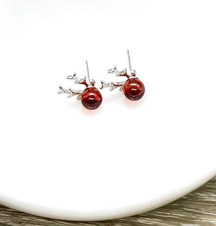 Red Reindeer Stud Earrings, Christmas Studs, Dainty Elk Earrings, Tiny Deer Antler Jewelry, Stag Earrings, Winter Jewelry, Stocking Stuffer