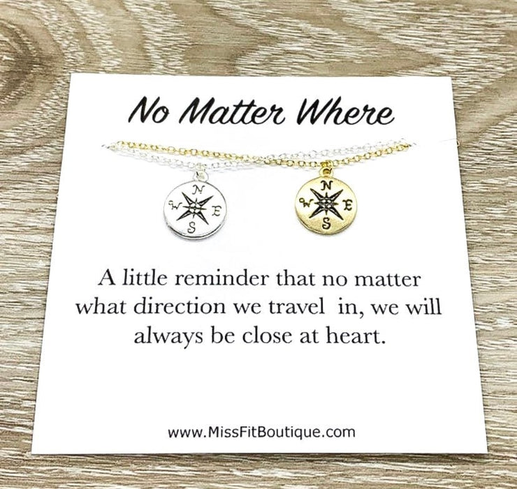 No Matter Where, Compass Necklace Set for 2 with Card, Friendship, Gold, Silver