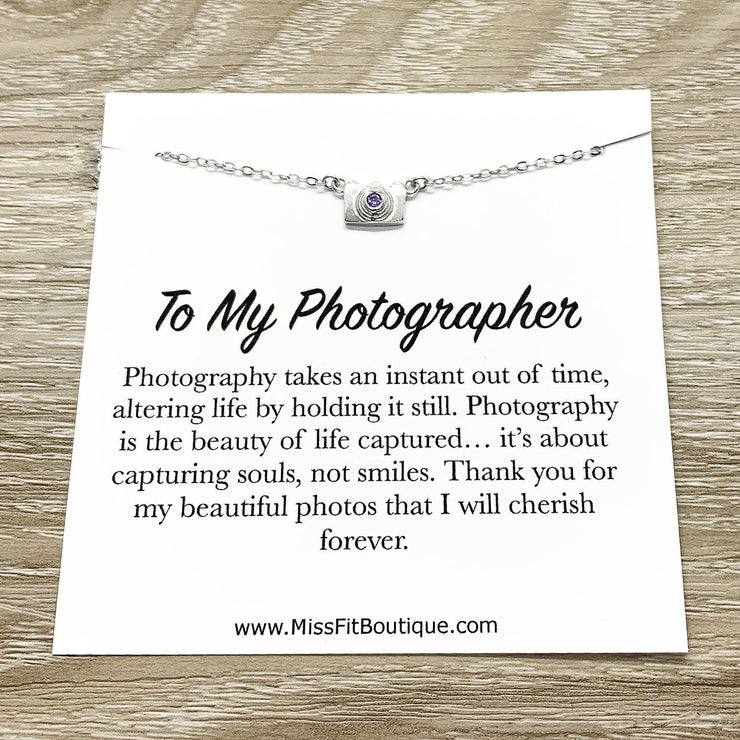 Tiny Camera Necklace with Card, Photographer Necklace, Sterling Silver Jewelry, Photographer Thank You Gift, Photo Pendant, Christmas