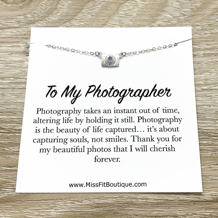 Tiny Camera Necklace with Card, Gift Box, Photographer, Thank You, Sterling Silver