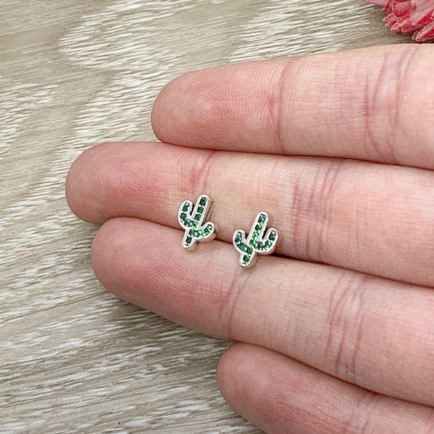 Green Cactus Stud Earrings, Sterling Silver Earrings, Cute Cacti Earrings, Dainty Christmas Gift, Desert Jewelry, Gift for Daughter