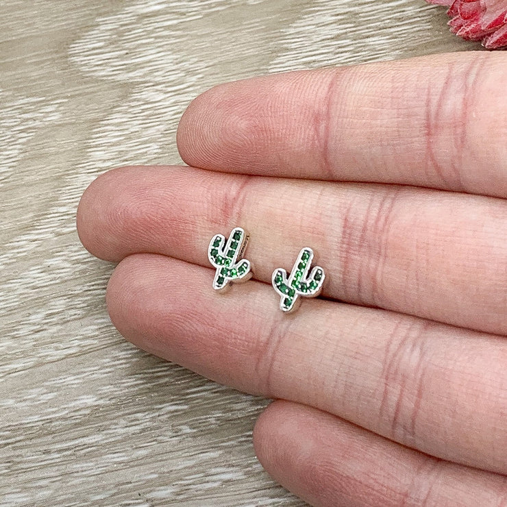 Green Cactus Stud Earrings, Sterling Silver Earrings, Cute Cacti Earrings, Dainty Minimalist Jewelry, Desert Jewelry, Gift for Daughter