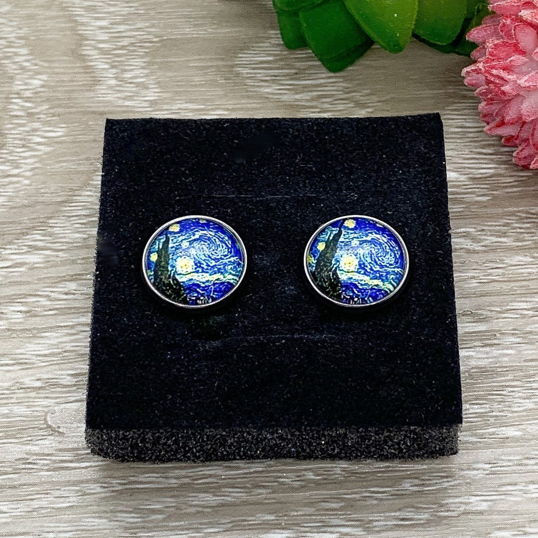 Boucles d'oreilles La Nuit étoilée de Van Gogh, petites boucles d'oreilles rondes inspirées d'un tableau, bijoux pour les amateurs d'art, boucles d'oreilles d'artiste mignonnes, bijoux uniques, anniversaire