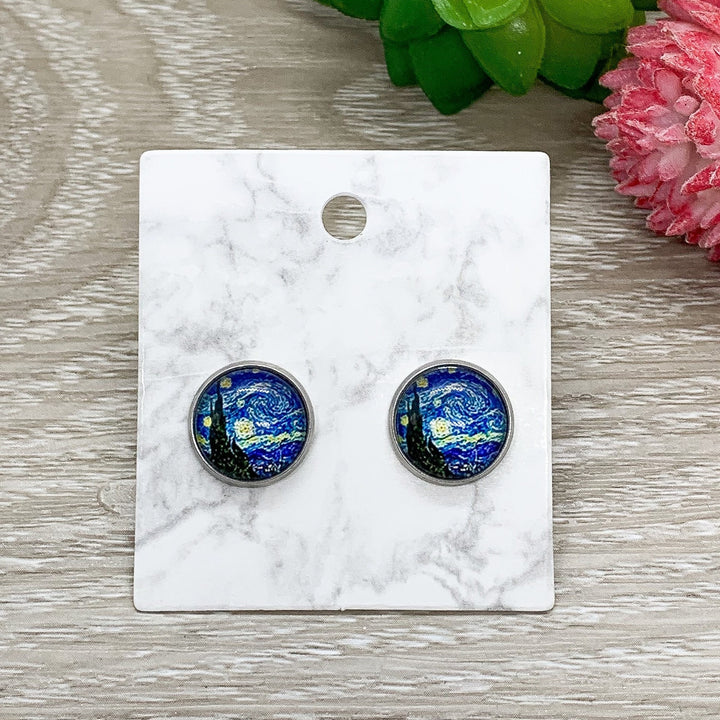 Boucles d'oreilles La Nuit étoilée de Van Gogh, petites boucles d'oreilles rondes inspirées d'un tableau, bijoux pour les amateurs d'art, boucles d'oreilles d'artiste mignonnes, bijoux uniques, anniversaire
