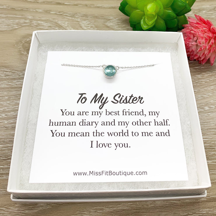 Sister Gift, Aqua Crystal Necklace, Round Necklace Sterling Silver, Minimalist Jewelry, Sentimental Gift, Dainty Necklace with Card