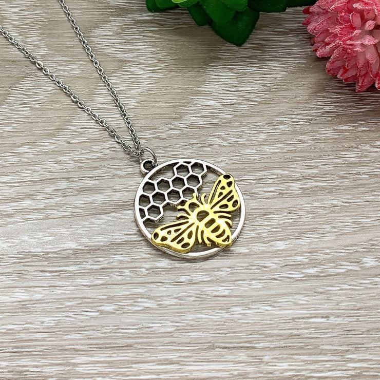 Always Bee Yourself, Bee with Honeycomb Necklace, Bee Pendant Gold Silver, Affirmation Gift, Statement Necklace, Modern Jewelry