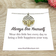 Always Bee Yourself, Bee with Honeycomb Necklace, Bee Pendant Gold Silver, Affirmation Gift, Statement Necklace, Modern Jewelry