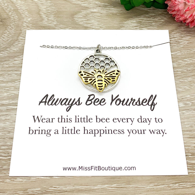 Always Bee Yourself, Bee with Honeycomb Necklace, Bee Pendant Gold Silver, Affirmation Gift, Statement Necklace, Modern Jewelry