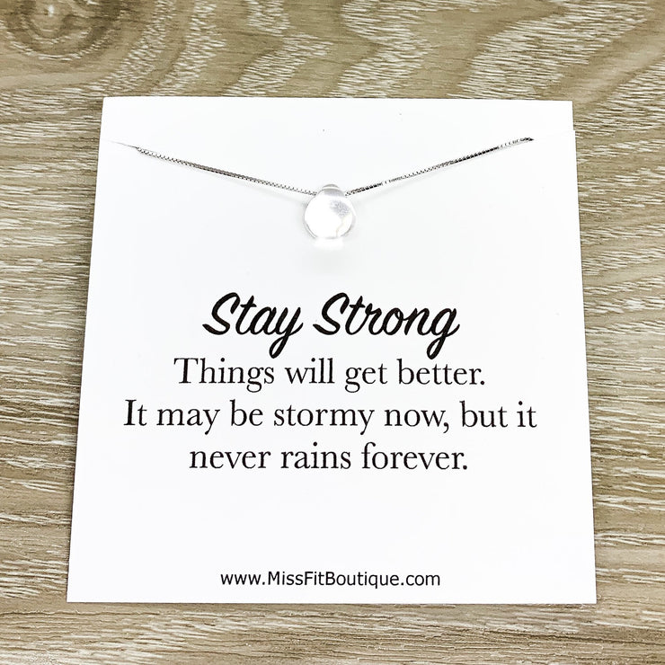 Strength Necklace, Clear Sterling Silver Teardrop Necklace, Stay Strong, Inspirational Card, Uplifting Jewelry, Thinking of You Gift