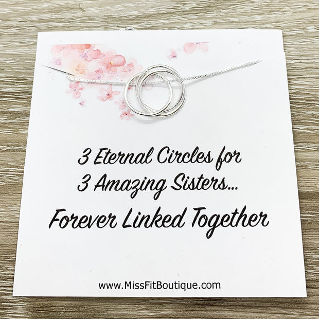 Three Amazing Sisters Gift, 3 Eternal Rings Necklace, Forever Linked Together Card, Gift for Her, Sister Birthday Gift, Jewelry for Women