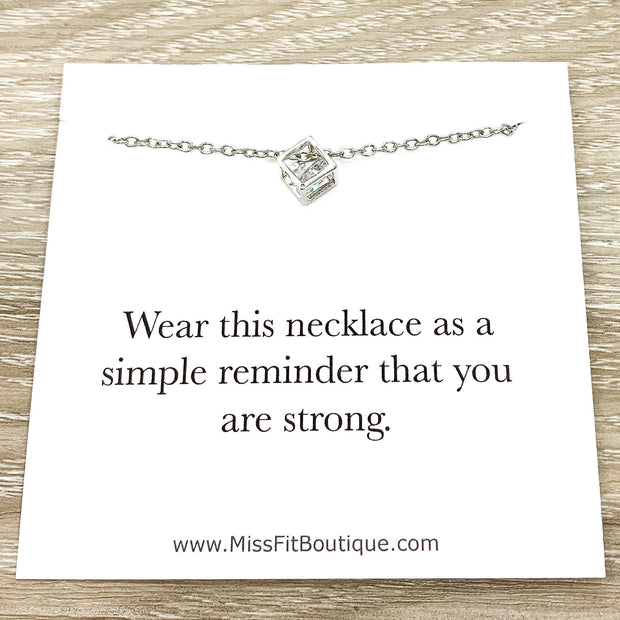 You Are Strong Card, Dainty Cube Crystal Necklace, Uplifting Gift, Silver Square Necklace, Stocking Filler, Simple Reminder, Holiday Gift