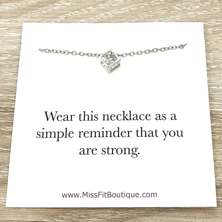 You Are Strong Card, Dainty Cube Crystal Necklace, Uplifting Gift, Silver Square Necklace, Stocking Filler, Simple Reminder, Holiday Gift