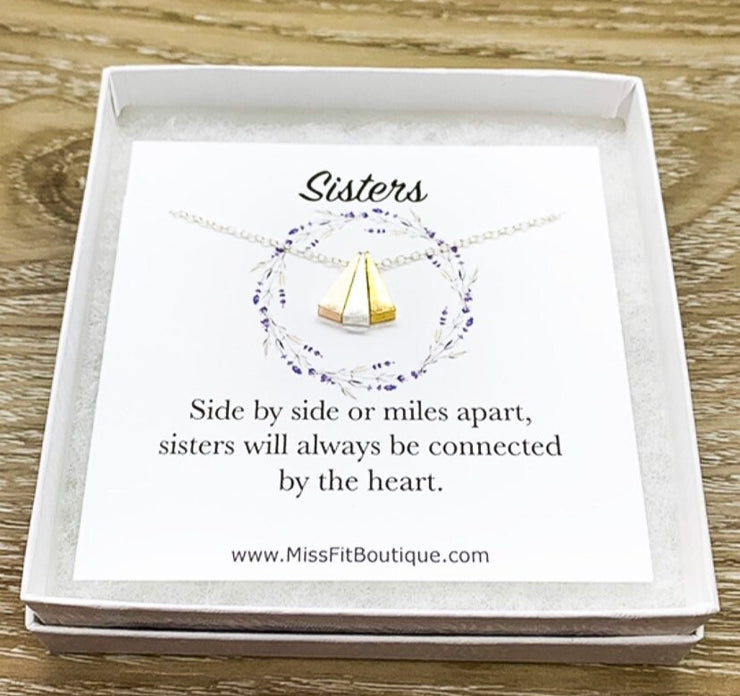 Sisters Gift, Tri-Tone Triangle Necklace, Side by Side or Miles Apart Card, Gift from Big Sister, Sister Birthday Gift, Sisterhood Jewelry