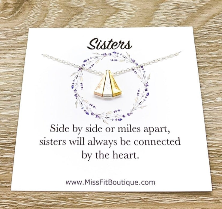 Sisters Gift, Tri-Tone Triangle Necklace, Side by Side or Miles Apart Card, Gift from Big Sister, Sister Birthday Gift, Sisterhood Jewelry