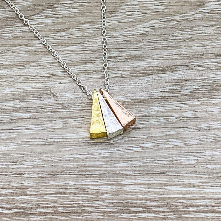 True Friendship Gift, Tri-Tone Triangle Necklace, Remain Side by Side Card, Gift from Best Friend, Bestie Birthday Gift, Sisterhood Jewelry