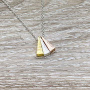 Sisters Gift, Tri-Tone Triangle Necklace, Side by Side or Miles Apart Card, Gift from Big Sister, Sister Birthday Gift, Sisterhood Jewelry