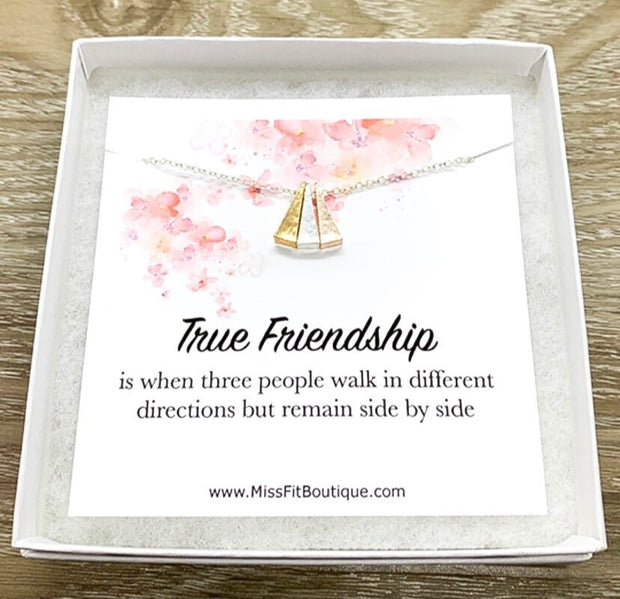 True Friendship Gift, Tri-Tone Triangle Necklace, Remain Side by Side Card, Gift from Best Friend, Bestie Birthday Gift, Sisterhood Jewelry