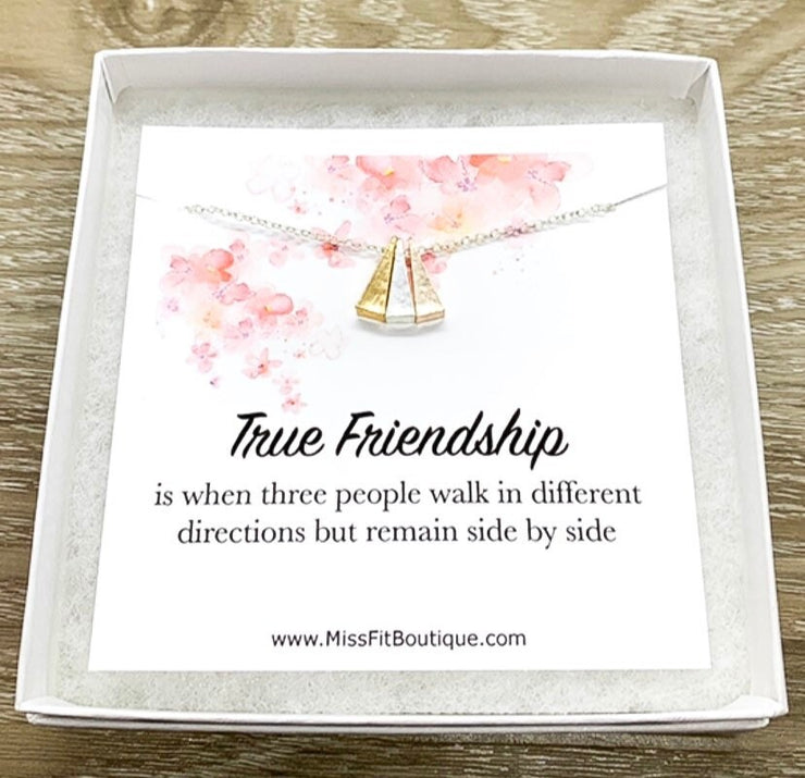 True Friendship Gift, Tri-Tone Triangle Necklace, Remain Side by Side Card, Gift from Best Friend, Bestie Birthday Gift, Sisterhood Jewelry