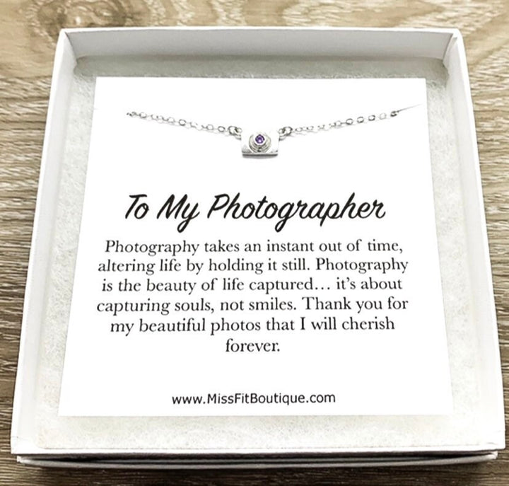 Tiny Camera Necklace with Card, Gift Box, Photographer, Thank You, Sterling Silver