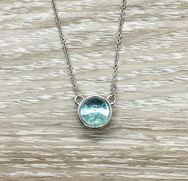 Sister Gift, Aqua Crystal Necklace, Round Sterling Silver Necklace, Minimalist Jewelry, Sentimental Gift, Dainty Necklace with Card