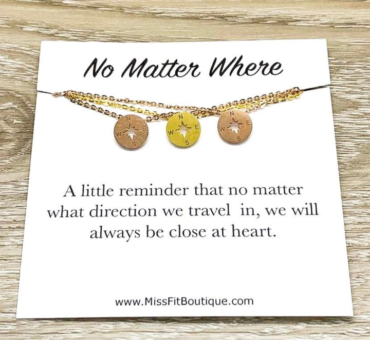 Peu importe où vous allez, ensemble de 3 colliers boussole, cadeau de votre meilleure amie, colliers d'amitié assortis, cadeau de départ, amies à distance