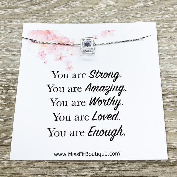 You Are Enough Card, Dainty Cube Crystal Necklace, Uplifting Gift, Sterling Silver Square Necklace, Stocking Filler, You Are Worthy, Holiday