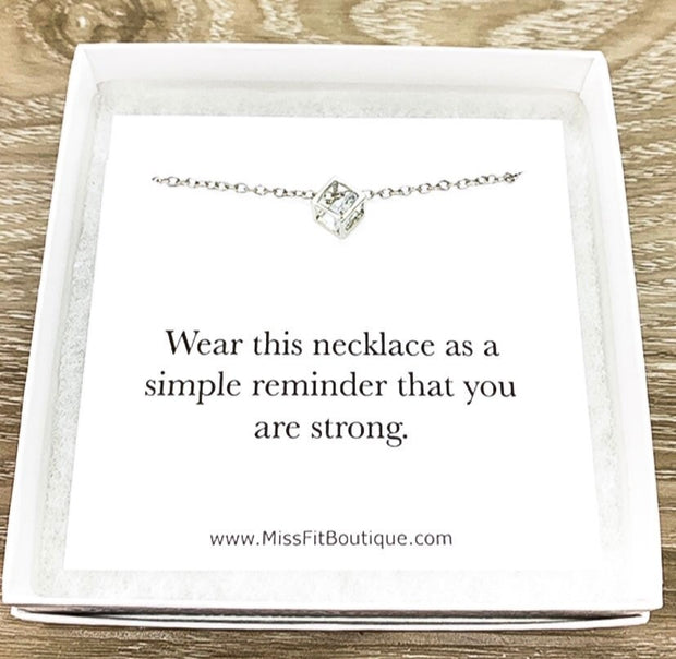 You Are Strong Card, Dainty Cube Crystal Necklace, Uplifting Gift, Silver Square Necklace, Stocking Filler, Simple Reminder, Holiday Gift