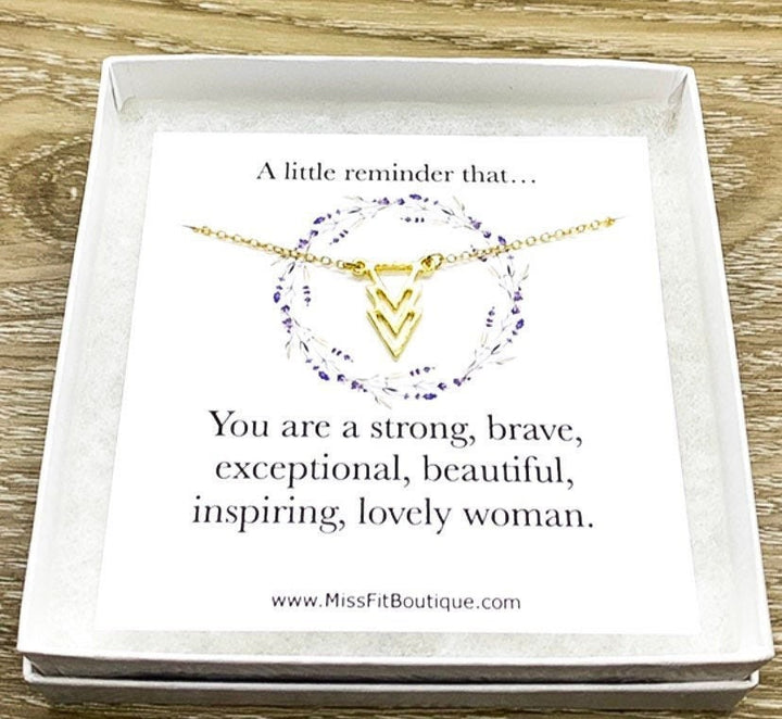 Collier flèche, cadeau réconfortant pour une amie, carte inspirante, « Tu es forte et courageuse », cadeau d'affirmation, bijou délicat