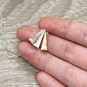 Sisters Gift, Tri-Tone Triangle Necklace, Side by Side or Miles Apart, Tri Color Necklace, Gift from Big Sister, Sister Birthday, Sisterhood