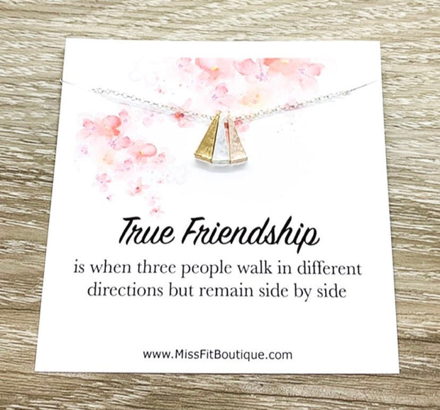 True Friendship Gift, Tri-Tone Triangle Necklace, Remain Side by Side Card, Gift from Best Friend, Bestie Birthday Gift, Sisterhood Jewelry