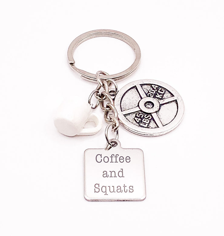 Coffee and Squats, Fitness Keychain, Fitness Training Gift, Mini Weight Plate Charm, Fitness Charm, Weightlifting Keychain, Gym Key Ring