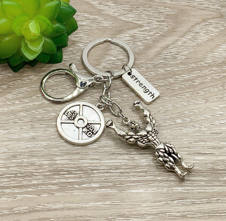 Bodybuilder Keychain, 45lb Weight Plate Charm, Weightlifting Keychain, Fitness Competition Gift, Strength Keyring, Gym Addict Gift for Him