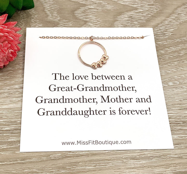 Collier Quatre Cœurs, Cadeau pour Quatre Générations, Cadeau pour Arrière-Grand-Mère, Collier Minimaliste, Collier Mère, Cadeau pour Grand-Mère, Cadeau Symbolique