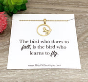 Inspirational Bird Necklace with Card, Bird on a Branch Jewelry, Learn to Fly, Bird Lover Gift for Her, Motivation, Encouragement Gift