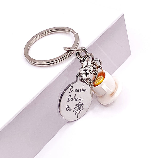 Tea Cup Keychain, Breathe Believe Be Quote, Tea Lover Gift, Cute Gift For Her, Tea Addict, Unique Keychain, Foodie Gift, Cute Gift for Mom