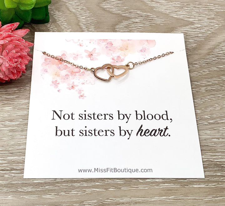 Carte « Sœurs par le sang », Collier double cœur, Collier deux cœurs entrelacés, Cadeau pour sœurs, Cadeau pour sœur par alliance, Cadeau d'anniversaire