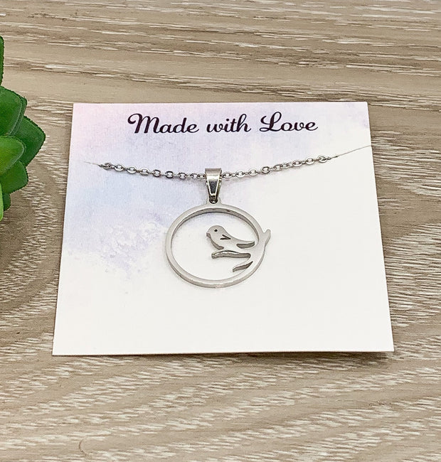 Bird Necklace, Round Pendant, Bird Lover Gift, Bird on a Branch Pendant, Chickadee Necklace, Necklace for Grandma, Christmas Gift